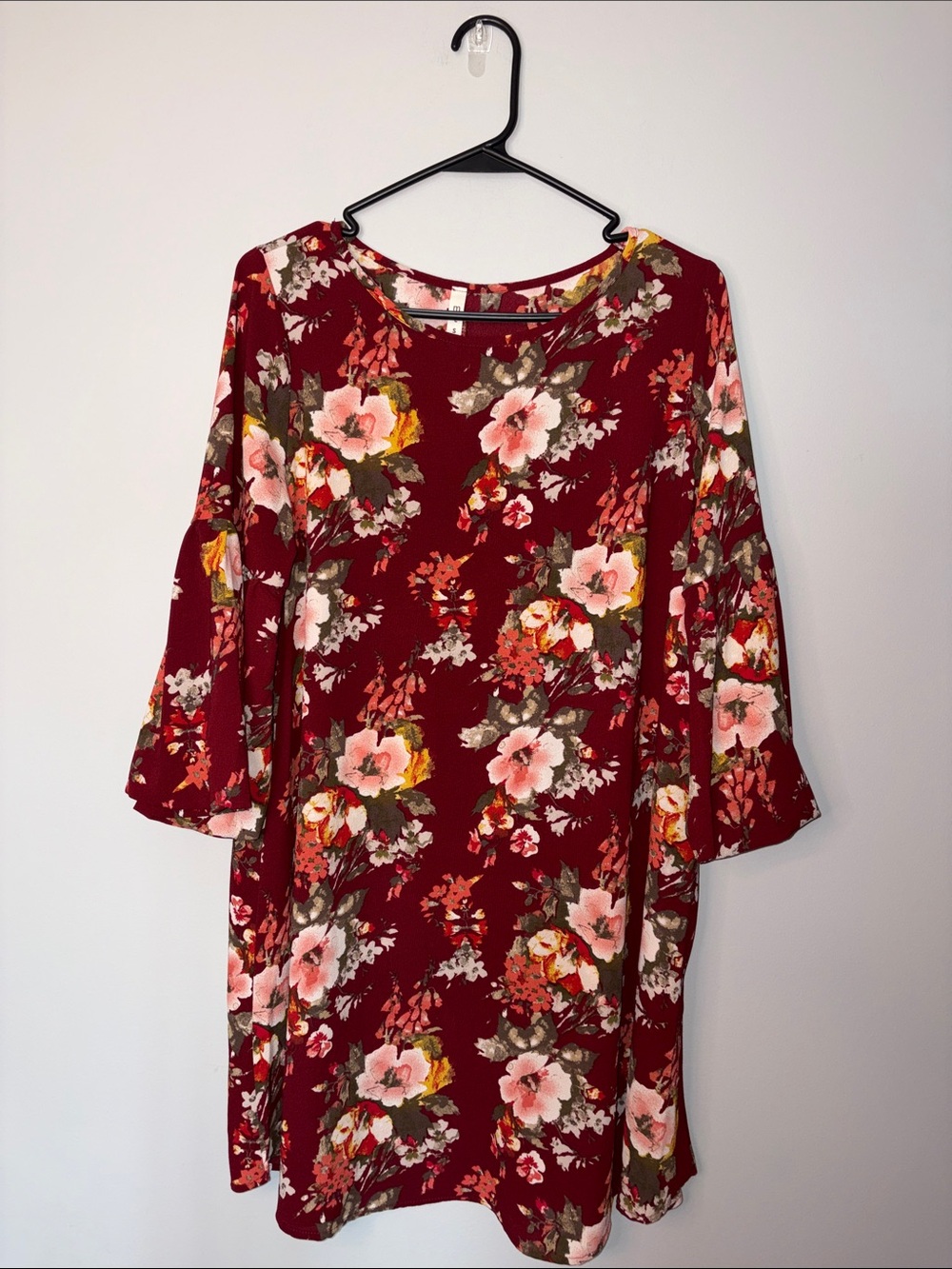 Women’s Floral Bell-Sleeve Dress - Burgundy Floral Medium